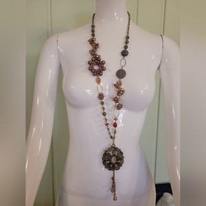Anthropologie long beaded charm necklace orange, rose, gold